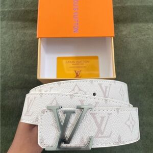 Louis Vuitton White-Trim Monogram Belt with Tan Interior Strap